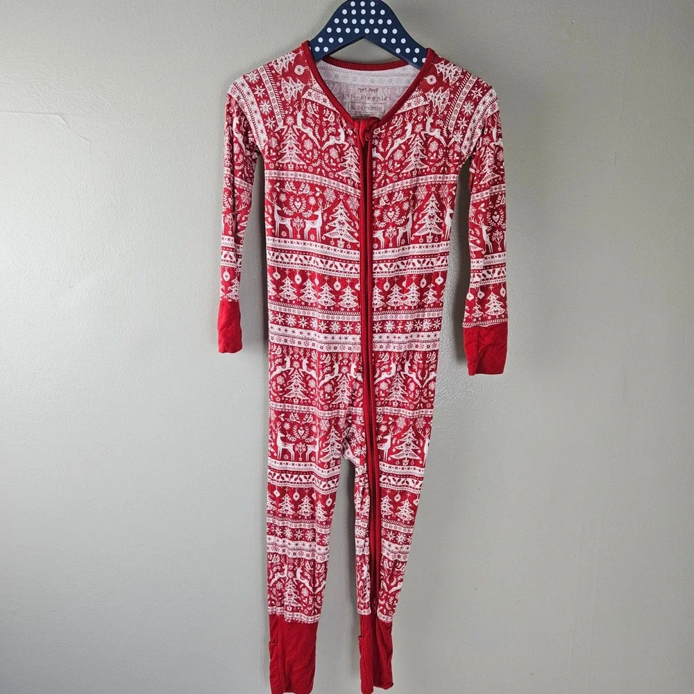 Little‎ Sleepies Reindeer Cheer Zippy Pajamas One Piece Zip PJs Sz 18-24 mos Red